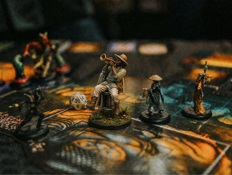 Tabletop RPG miniature scene with a bard playing trumpet beside a d20 die - JuJuBit