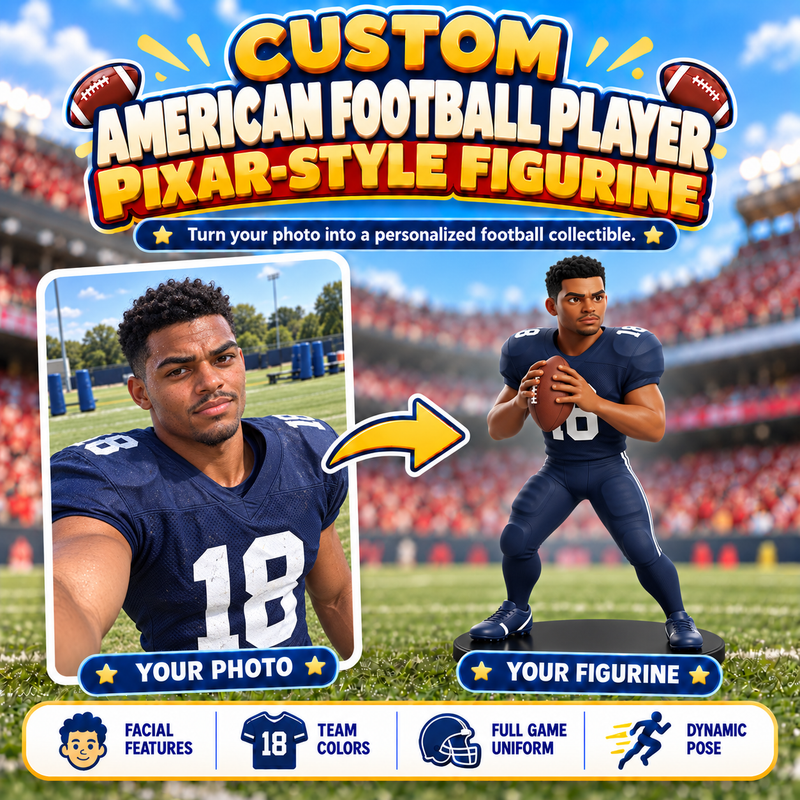 Custom American Football Tailgate Pixar Figurine | Transform Your Photo into a 3D Star Player