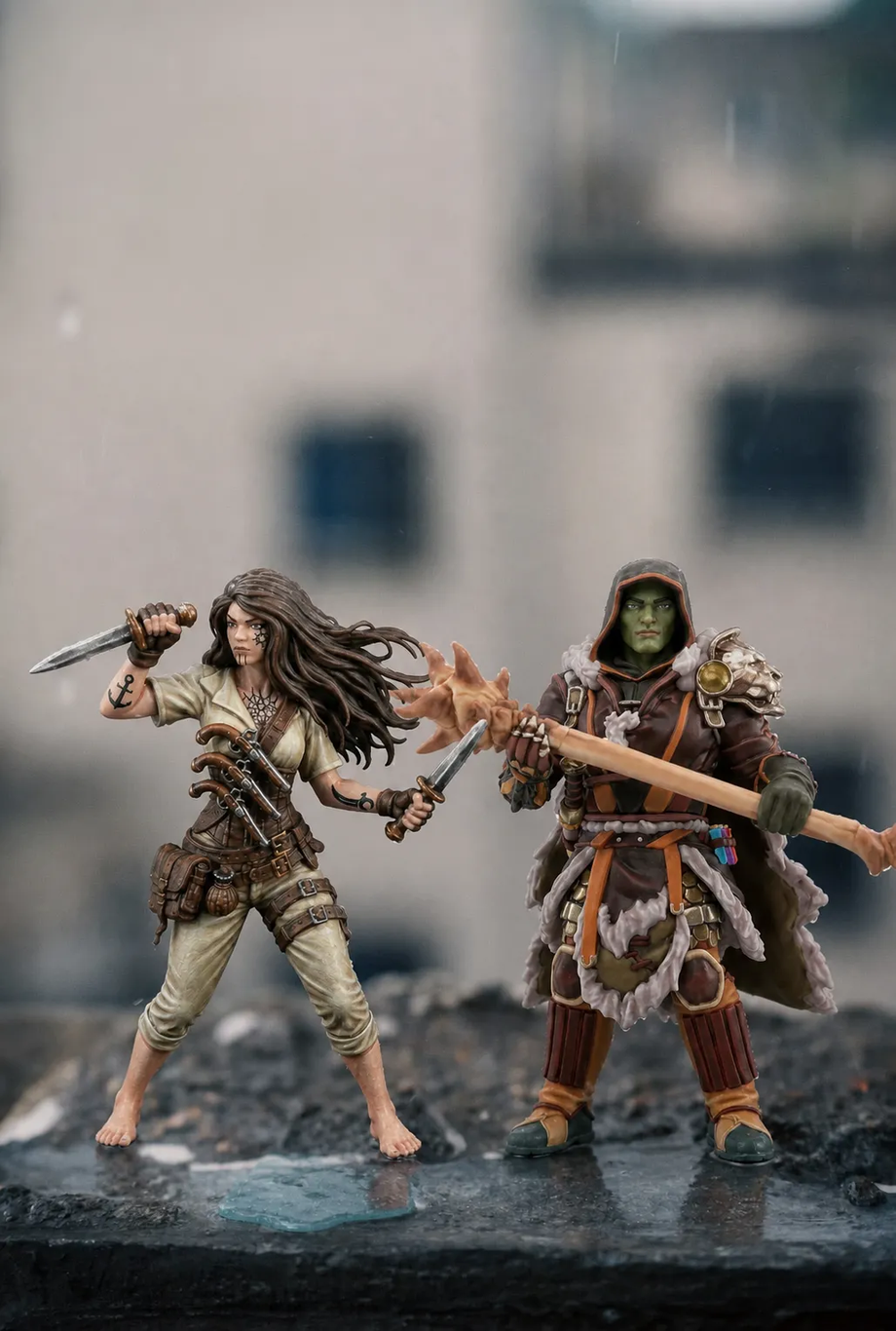Custom pirate rogue and orc warrior figurines dueling on a rooftop - JuJuBit