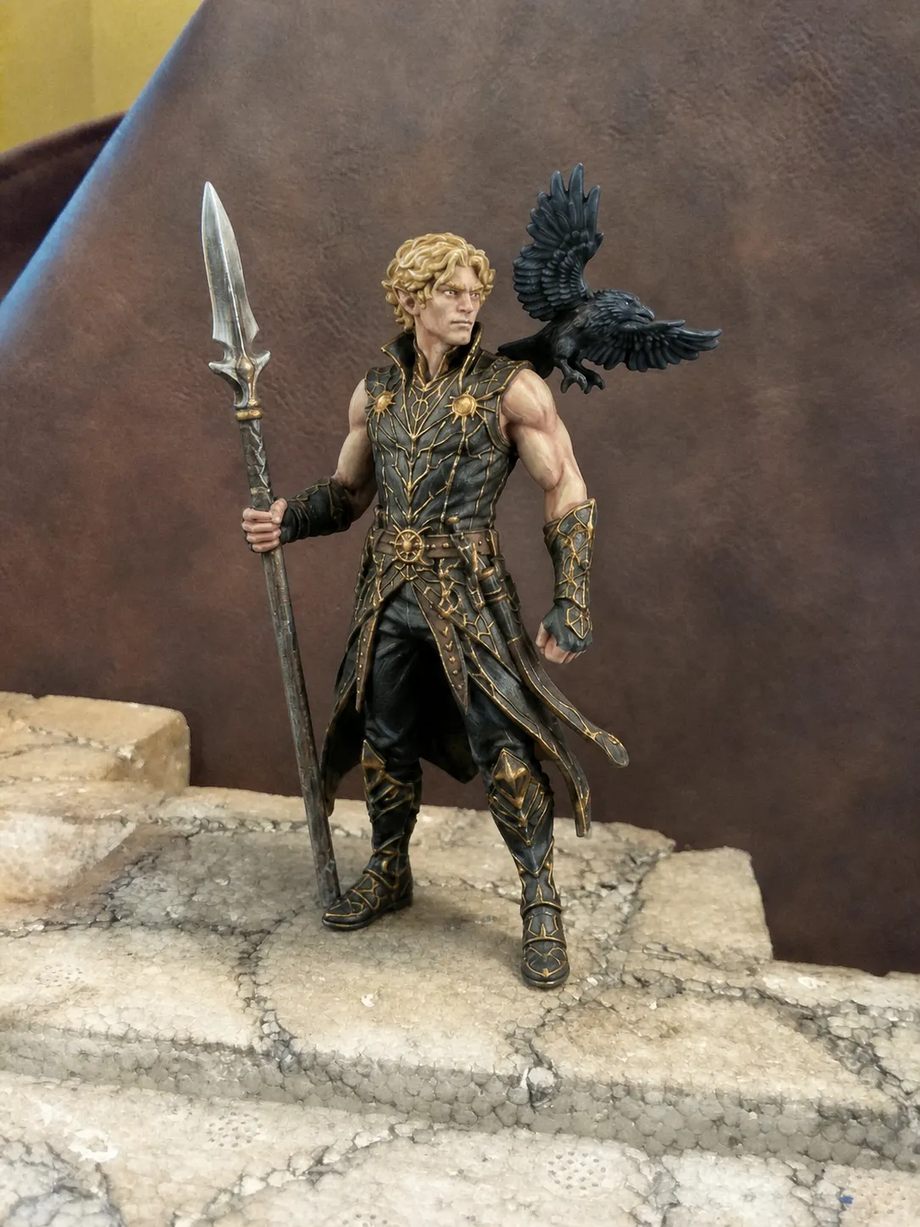 Custom elf warrior figurine with a spear and a perched raven - JuJuBit