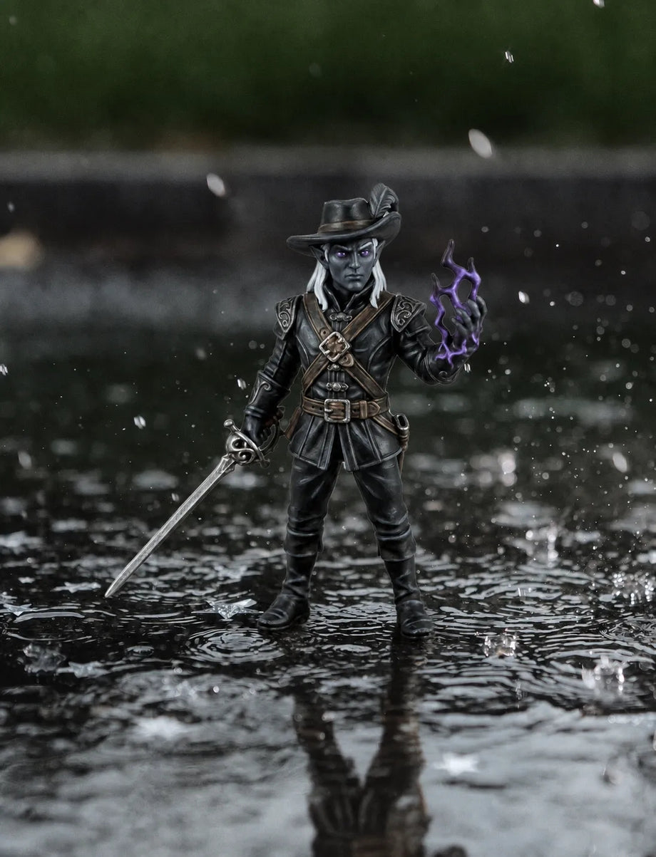 Custom dark elf swordsman figurine casting purple magic in the rain - JuJuBit