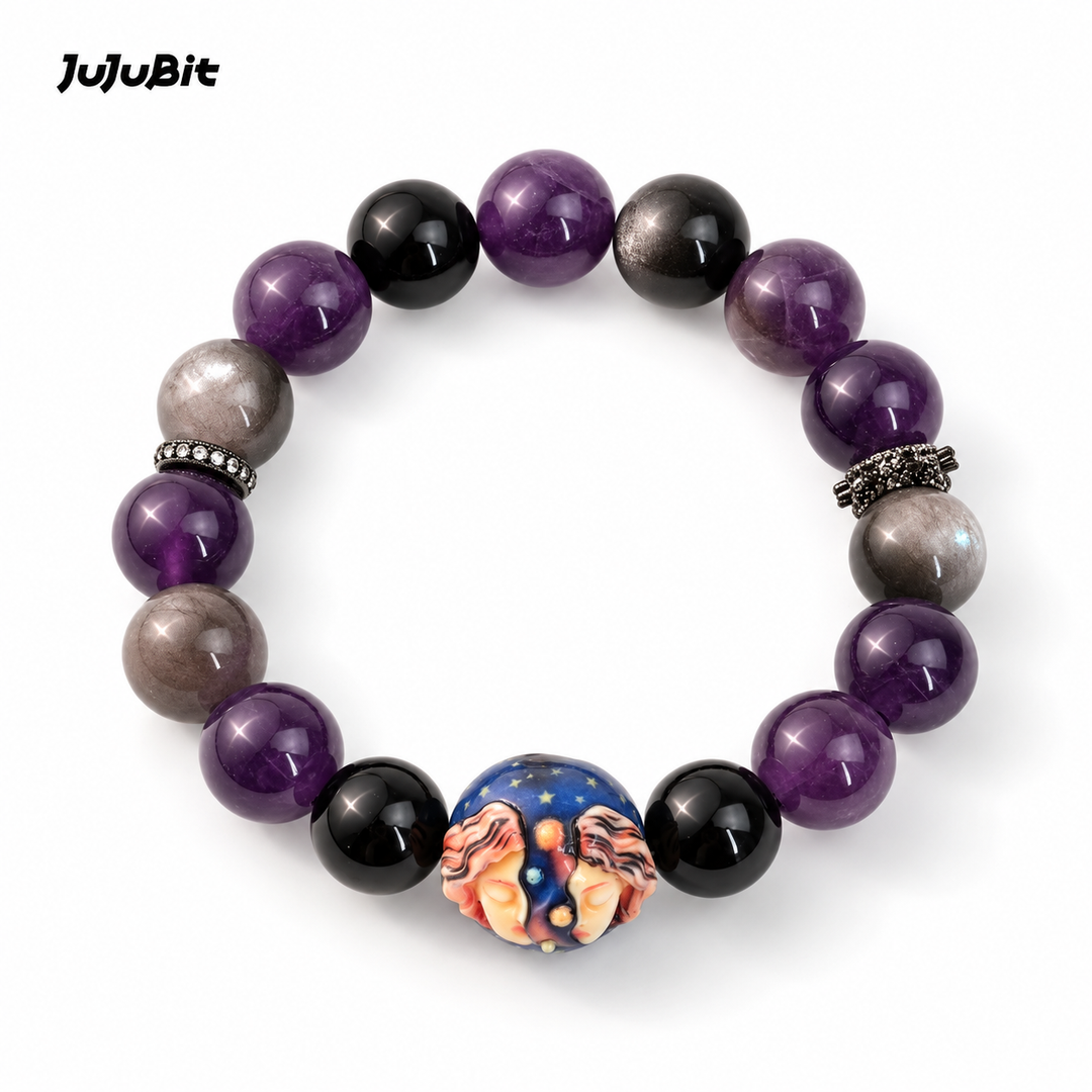 JuJuBit Gemini Zodiac Bracelet – Amethyst & Silver Sheen Obsidian for Mental Clarity, Focus & Balance