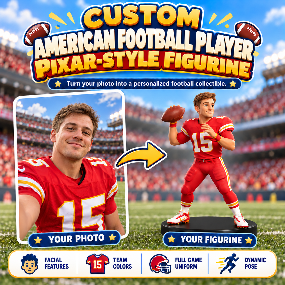Custom American Football Tailgate Pixar Figurine | Transform Your Photo into a 3D Star Player