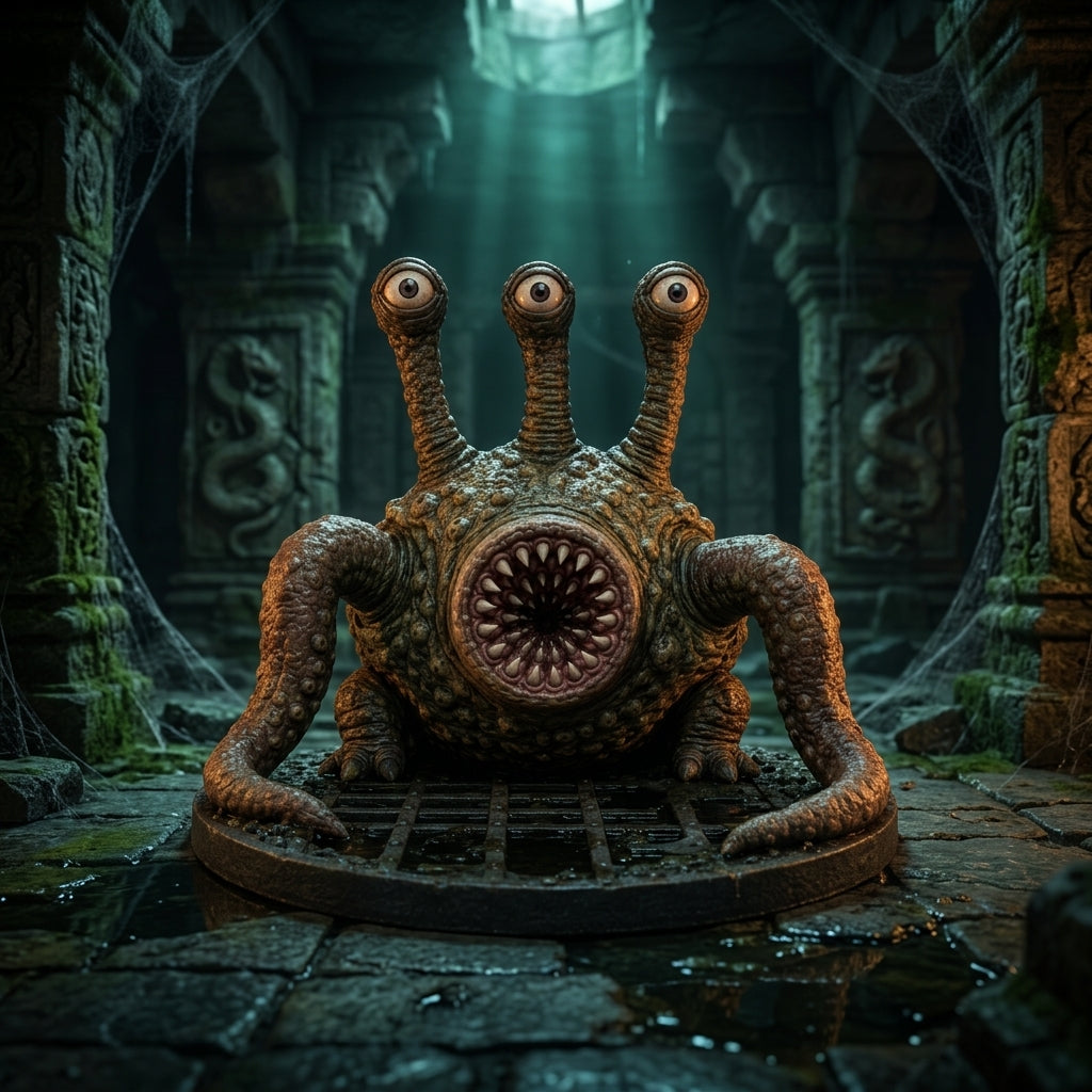 Otyugh miniature with eyestalks and tentacles in a dark sewer