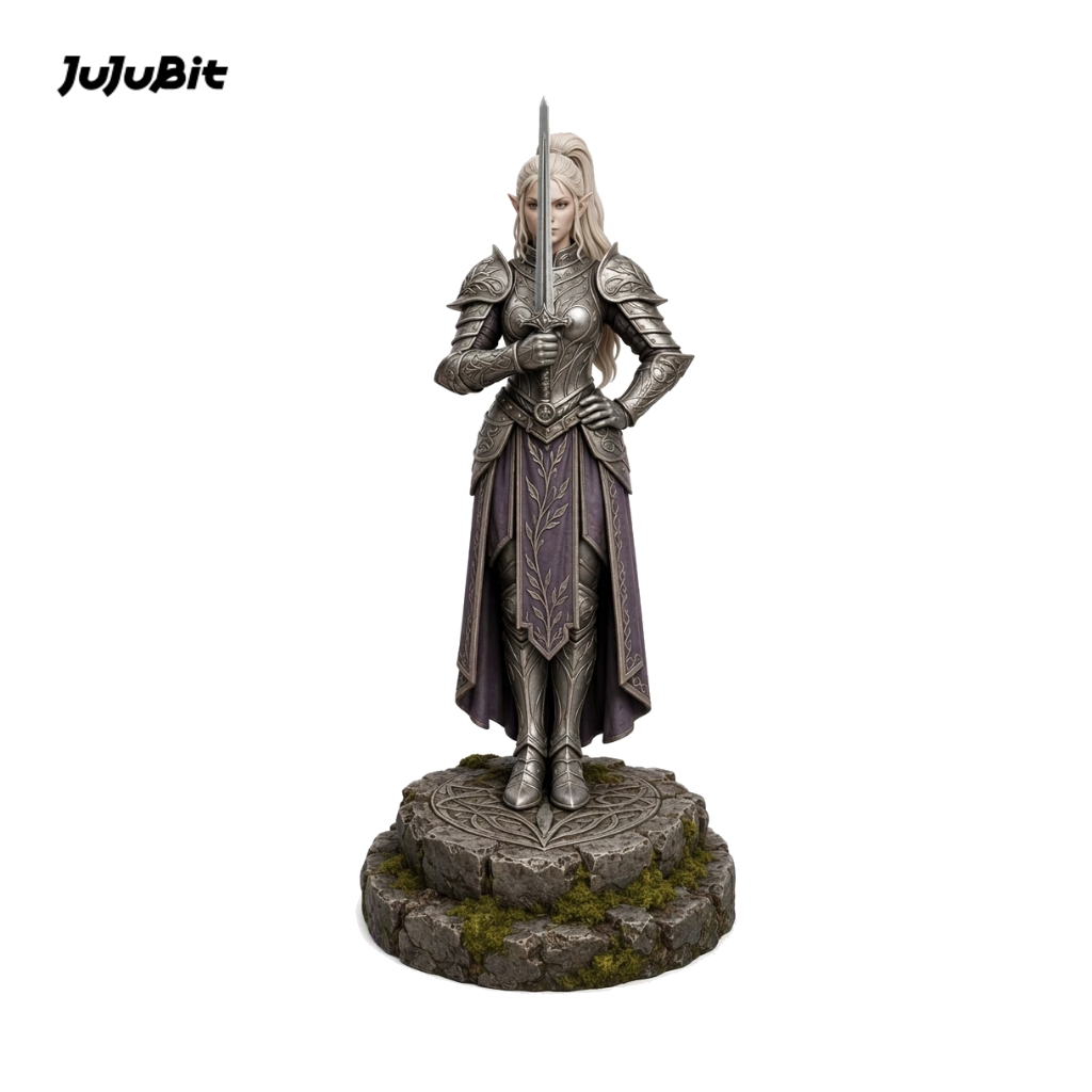 Elf champion miniature with long white hair in silver armor, front view