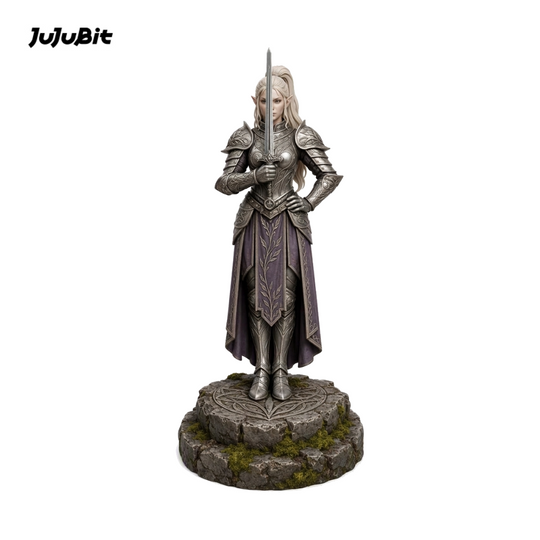 Elf champion miniature with long white hair in silver armor, front view