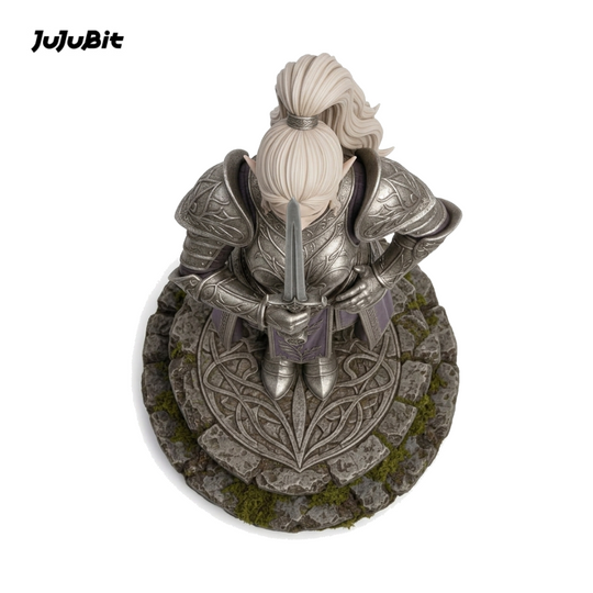 Top view of the elf champion miniature with long white hair in silver armor