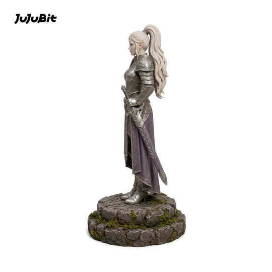 Side view of the elf champion miniature with long white hair in silver armor