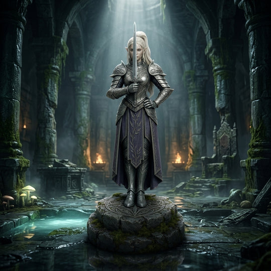 Elf champion miniature with long white hair in silver armor in a dark hall