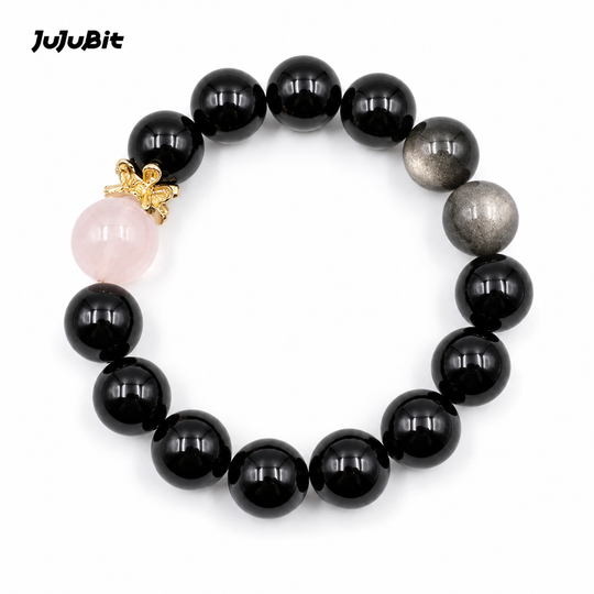 JuJuBit Bow Charm Bracelet – Black Obsidian × Rose Quartz for Gentle Strength & Protected Love