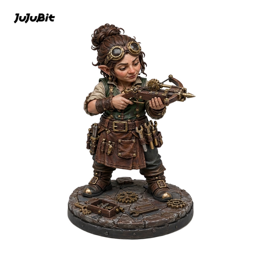 Gnome artificer miniature with goggles and a crossbow, front view