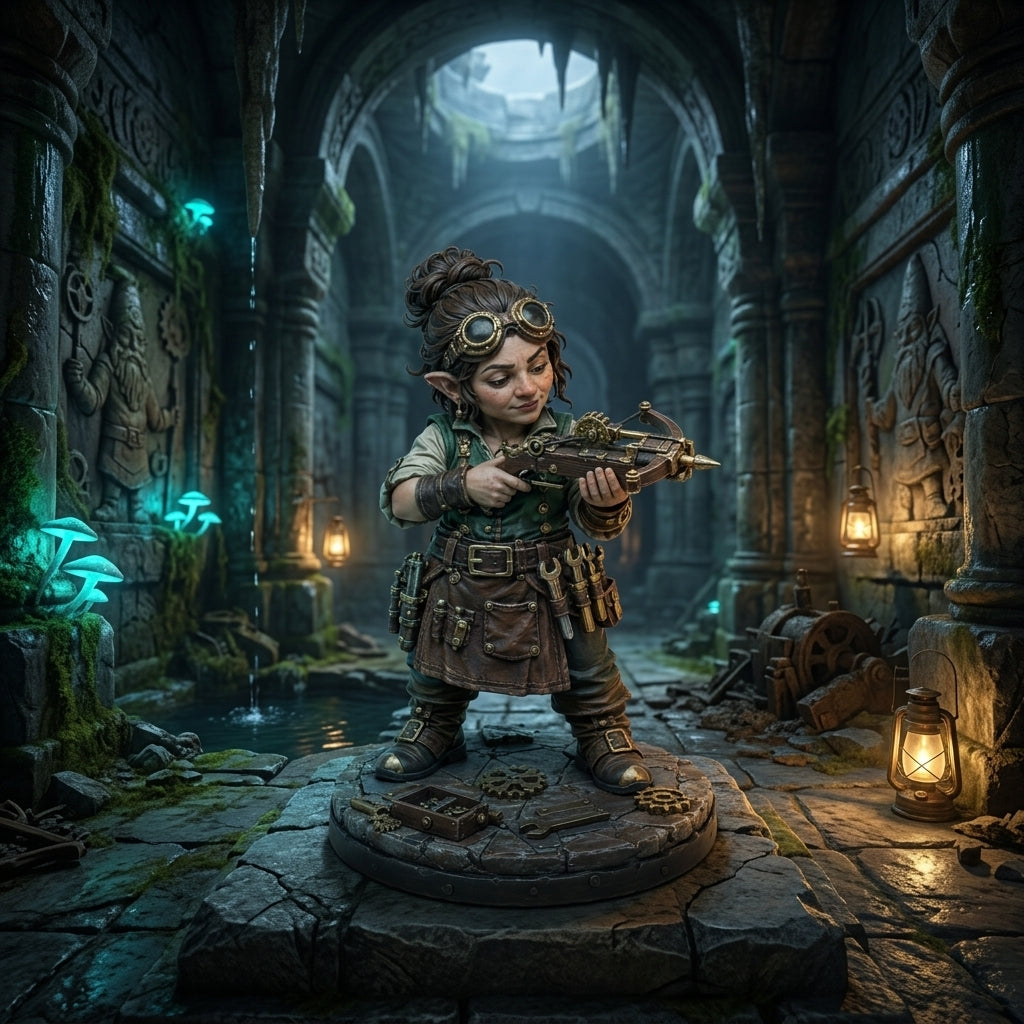 Gnome artificer miniature with goggles in a dark hall