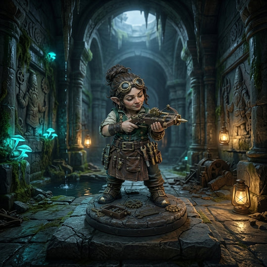 Gnome artificer miniature with goggles in a dark hall