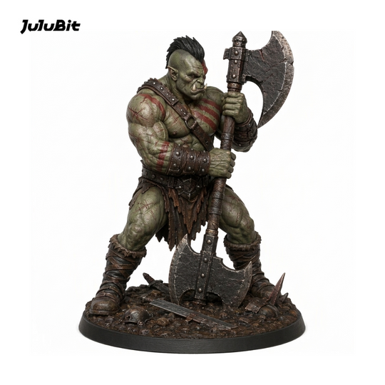 Side view of the orc barbarian miniature with a great axe