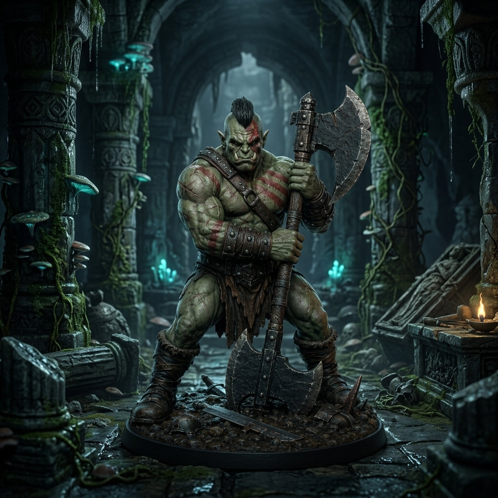 Orc barbarian miniature with a great axe in a dark ruin