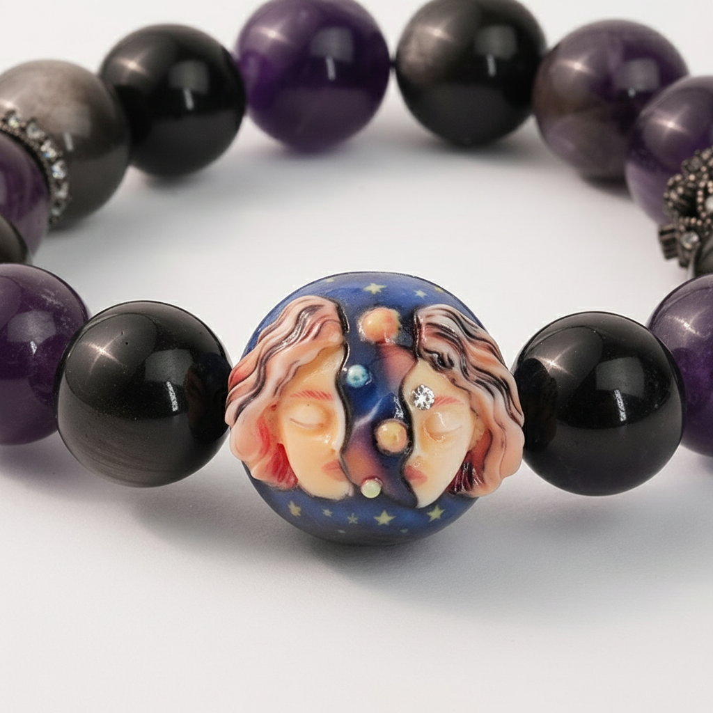 JuJuBit GEMINI Zodiac Series Amethyst × Silver Sheen Obsidian — Mental Calm & Information Filter Energy