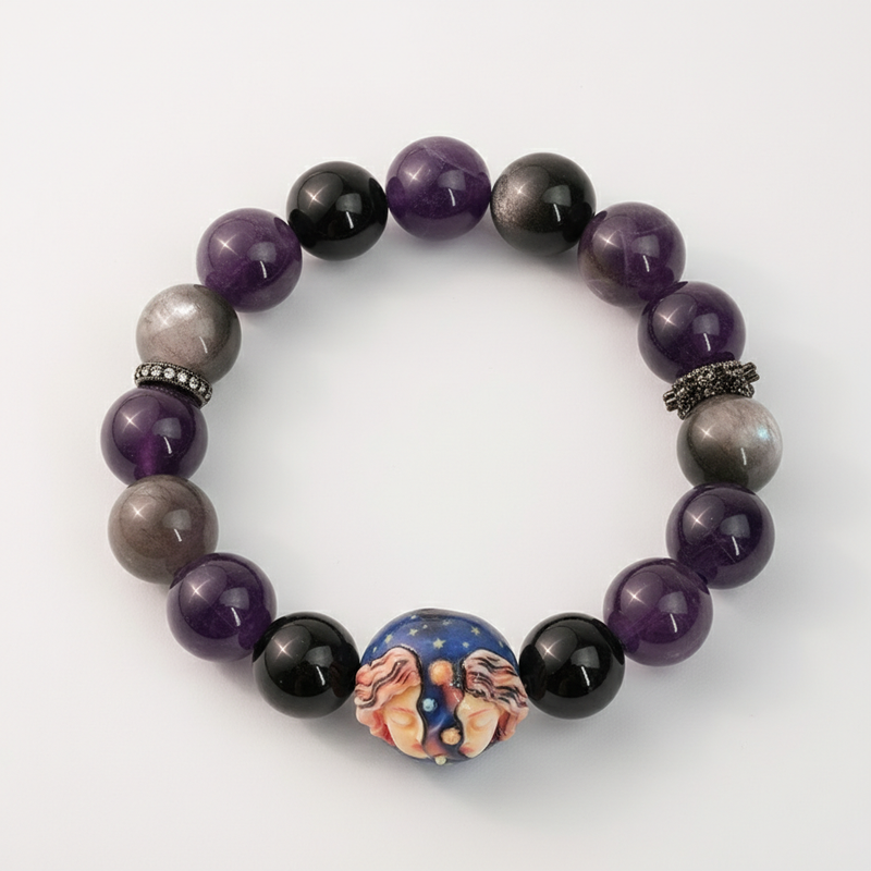 JuJuBit Gemini Zodiac Bracelet – Amethyst & Silver Sheen Obsidian for Mental Clarity, Focus & Balance