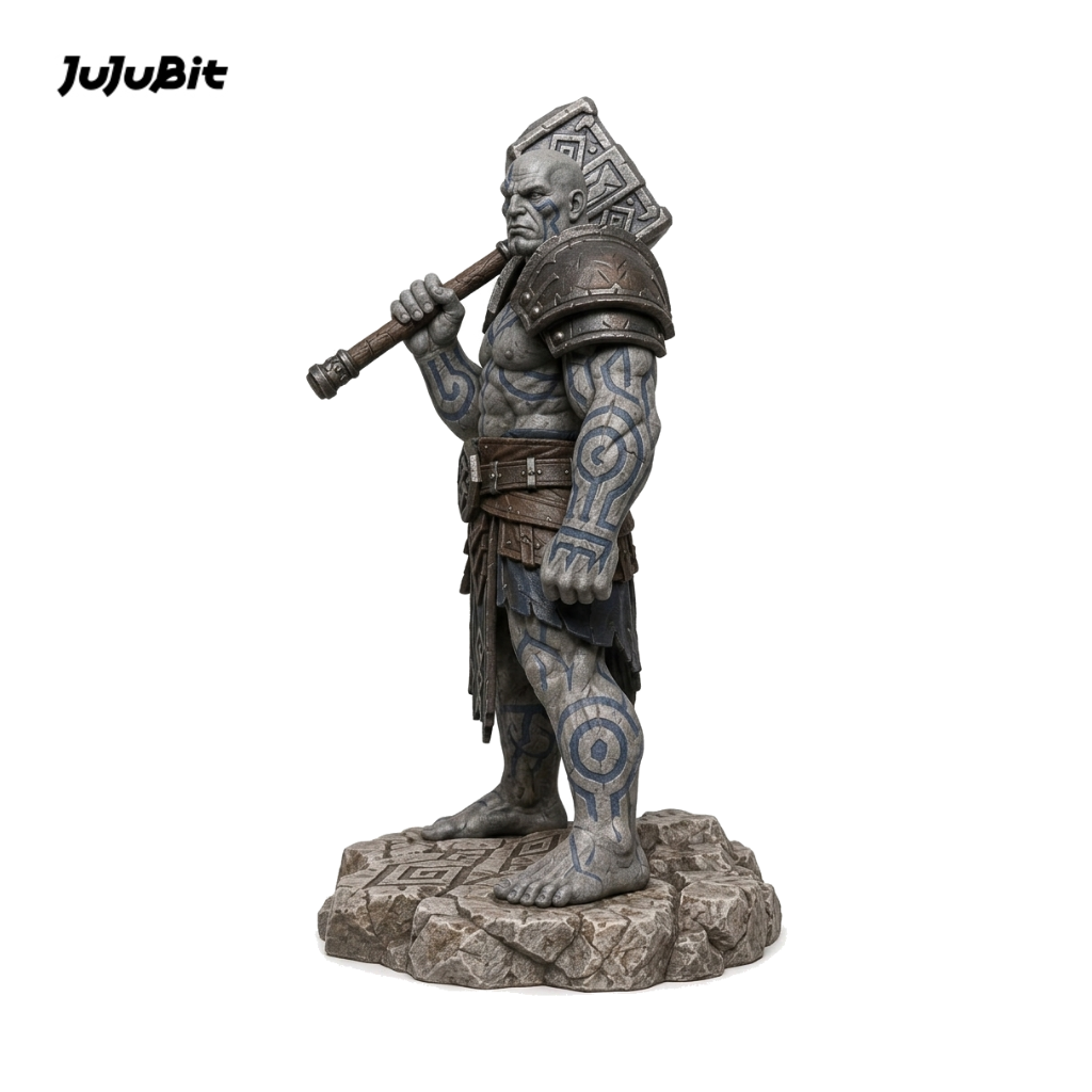 Side view of the goliath champion miniature with a warhammer