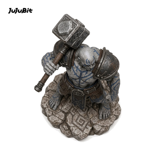 Top view of the goliath champion miniature with a warhammer
