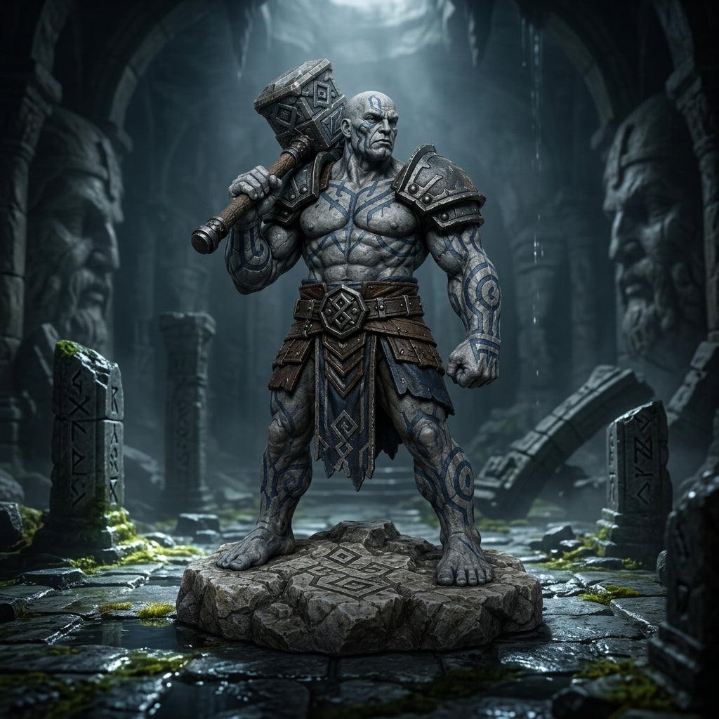 Goliath champion miniature with a warhammer in a dark hall