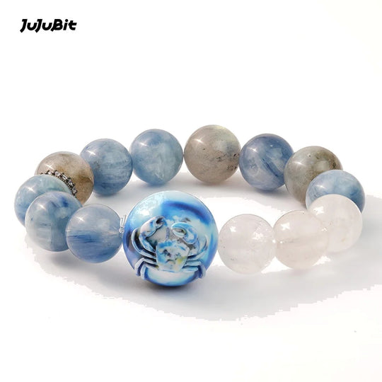 JuJuBit CANCER Zodiac Bracelet – Kyanite × Grey Moonstone for Emotional Clarity & Gentle Protection
