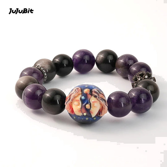 JuJuBit Gemini Zodiac Bracelet – Amethyst & Silver Sheen Obsidian for Mental Clarity, Focus & Balance