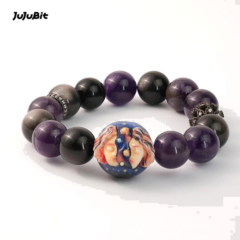 JuJuBit Gemini Zodiac Bracelet – Amethyst & Silver Sheen Obsidian for Mental Clarity, Focus & Balance