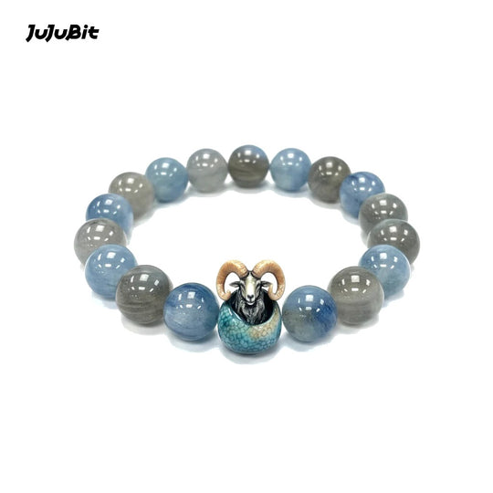 JuJuBit CAPRICORN Zodiac Bracelet – Grey Moonstone × Kyanite for Calm Discipline & Clear Alignment