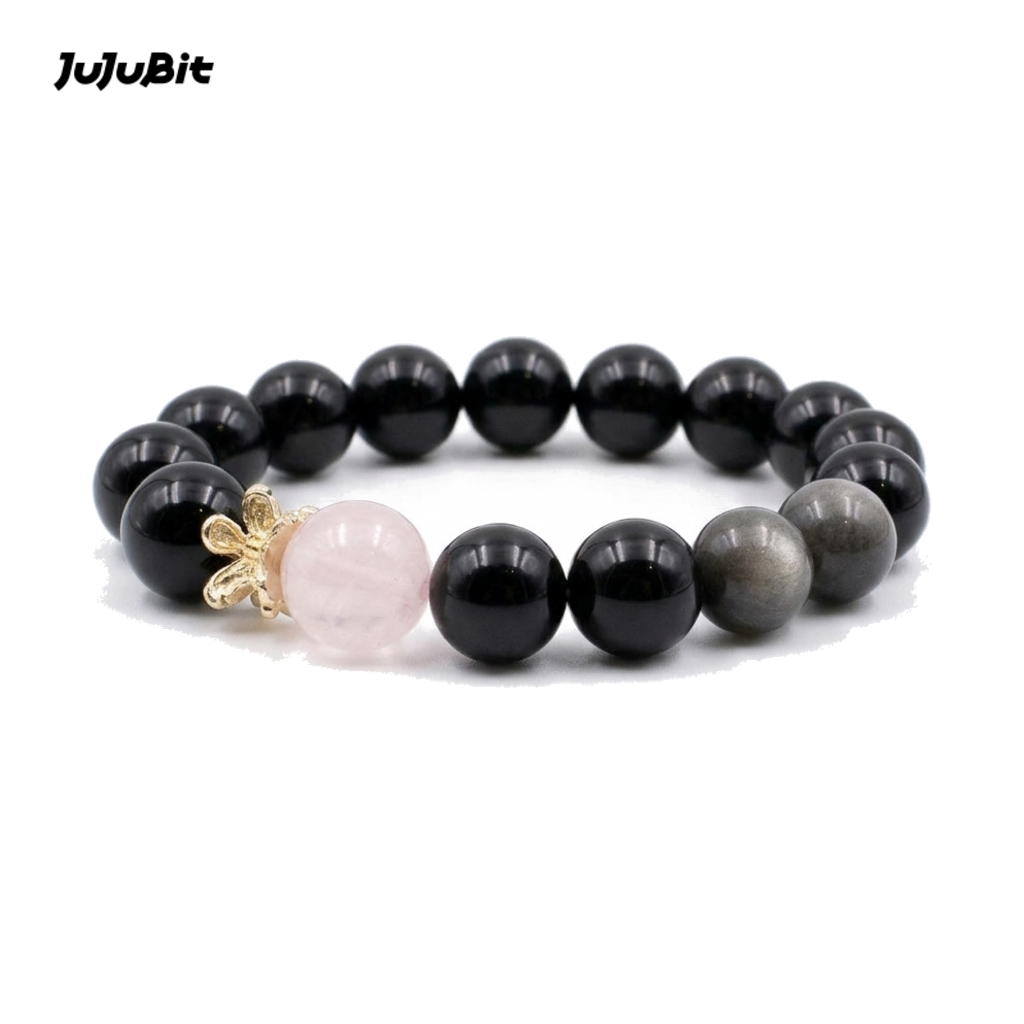 JuJuBit Bow Charm Bracelet – Black Obsidian × Rose Quartz for Gentle Strength & Protected Love
