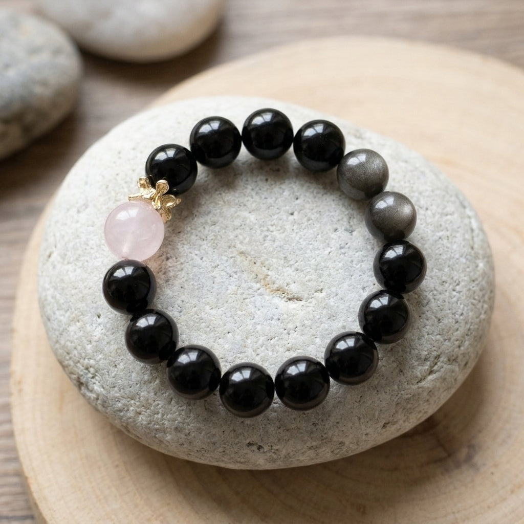 JuJuBit Bow Charm Bracelet – Black Obsidian × Rose Quartz for Gentle Strength & Protected Love