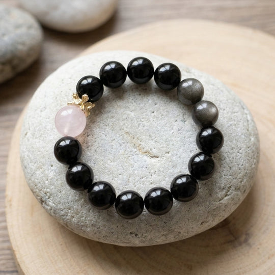 JuJuBit Bow Charm Bracelet – Black Obsidian × Rose Quartz for Gentle Strength & Protected Love