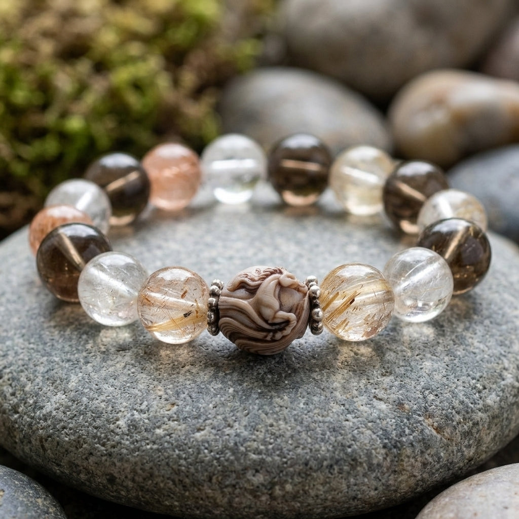 JuJuBit Galloping Horse Bracelet – Rutilated Quartz × Smoky Quartz for Forward Momentum & Grounded Drive