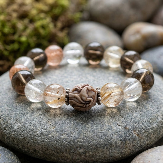 JuJuBit Galloping Horse Bracelet – Rutilated Quartz × Smoky Quartz for Forward Momentum & Grounded Drive