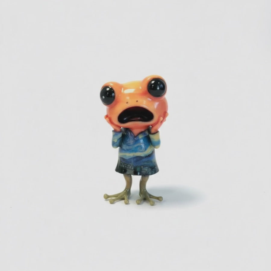 Custom orange frog art toy floating along a rainbow through a starry night sky, joined by other frog and mermaid-tailed characters in bubbles, ending on the JuJuBit logo - JuJuBit