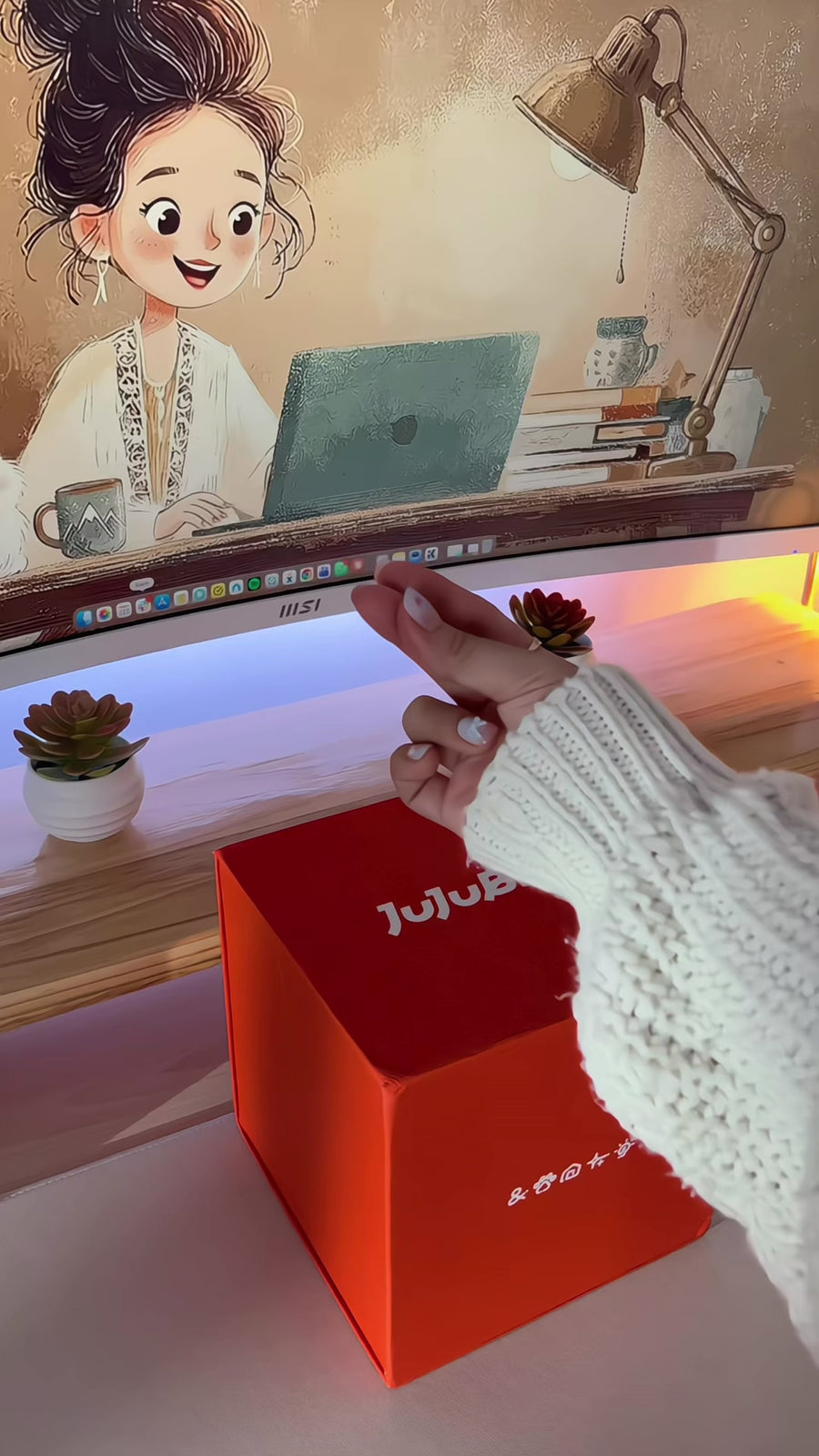 Custom figurine of a woman working on a laptop atop a JuJuBit gift box - JuJuBit