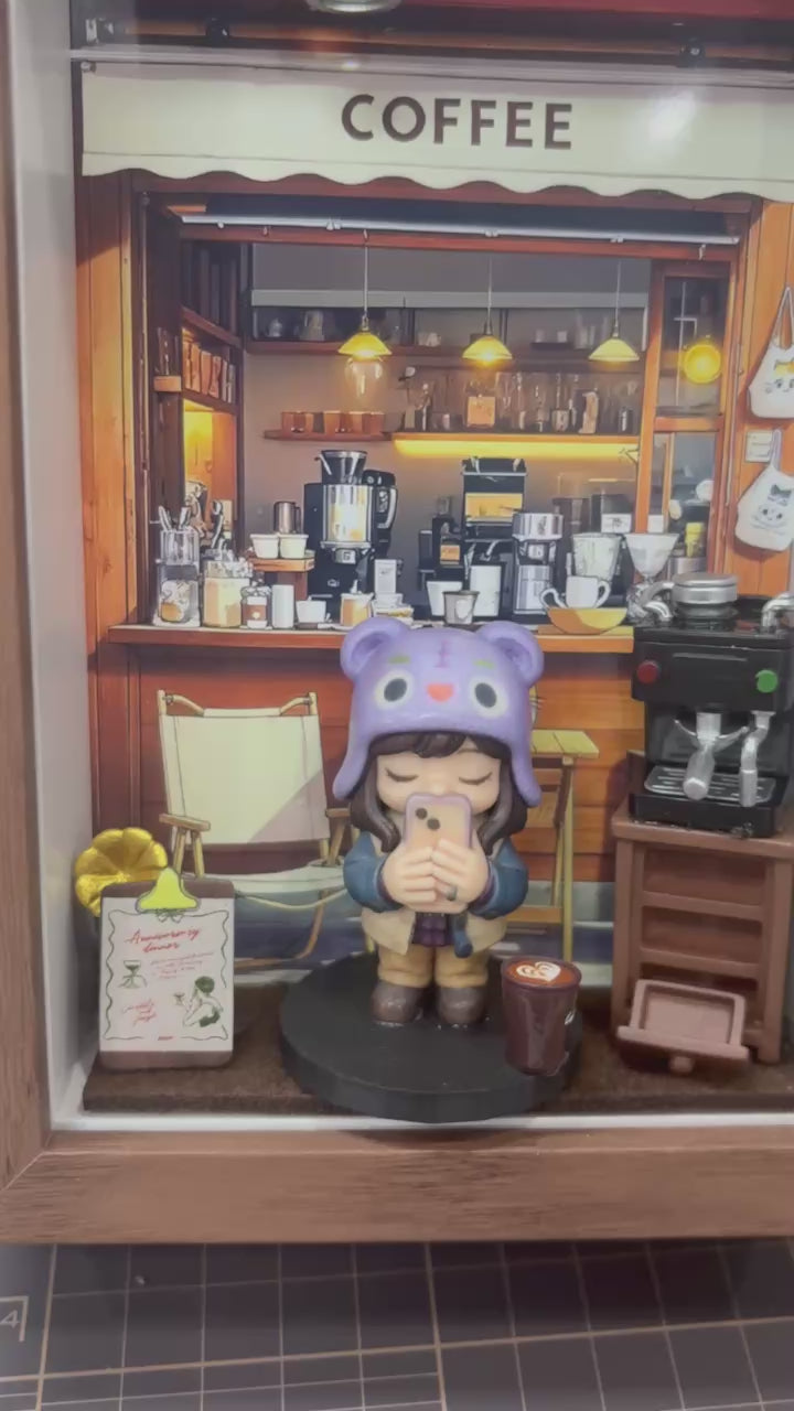 Custom girl figurine in a miniature coffee shop diorama - JuJuBit