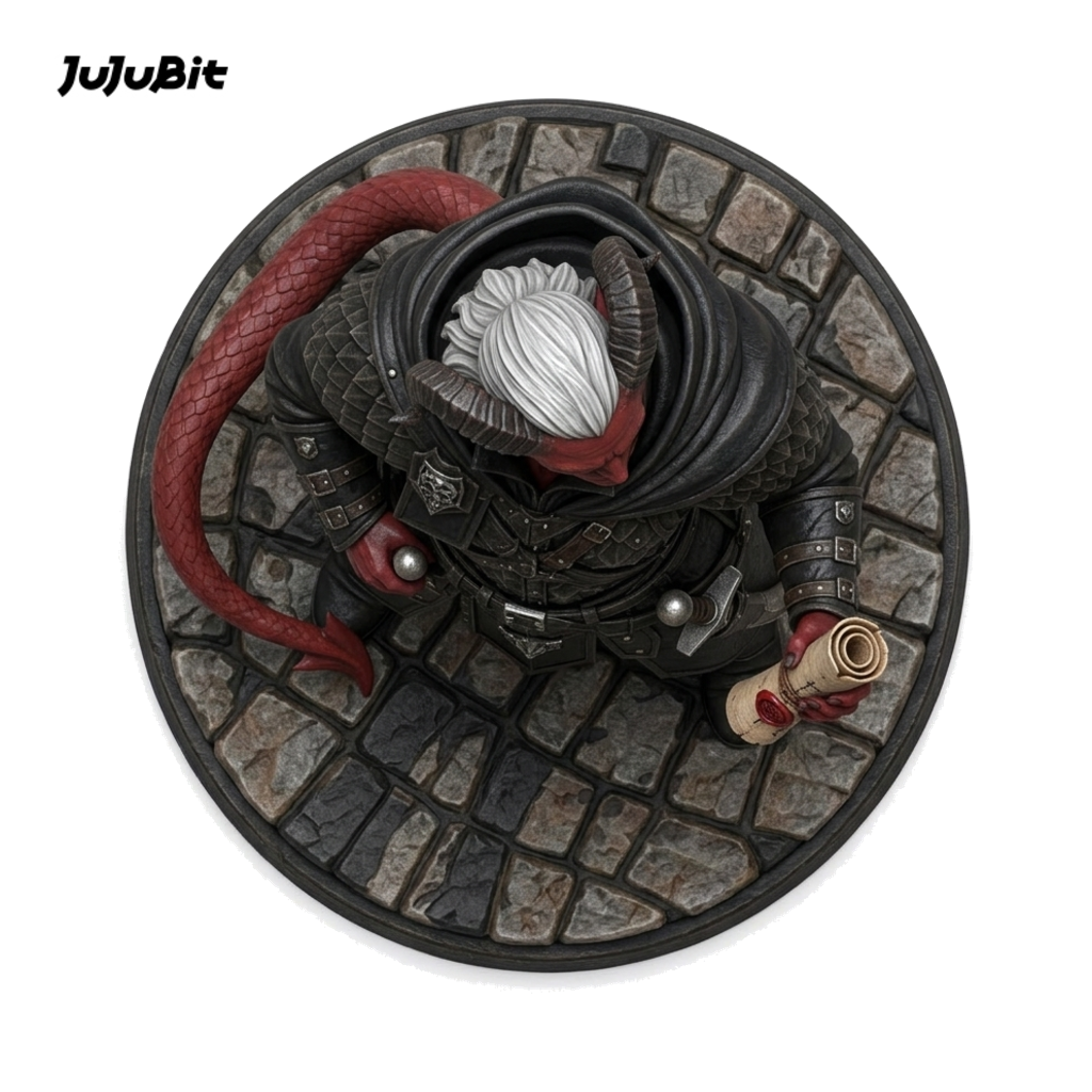 Top view of the tiefling assassin miniature in a black coat