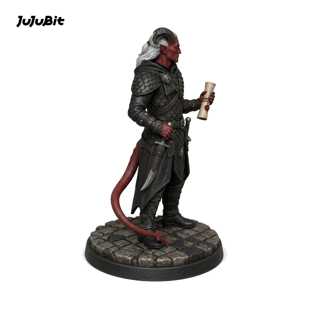 Side view of the tiefling assassin miniature in a black coat