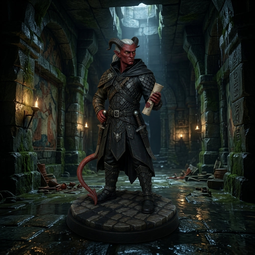 Tiefling assassin miniature in a black coat in a dark hall