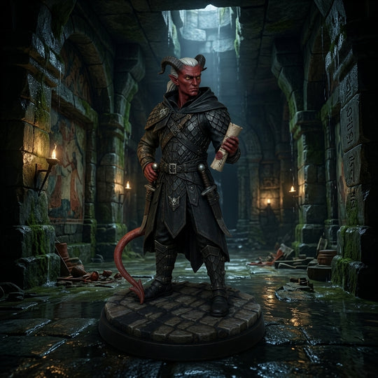 Tiefling assassin miniature in a black coat in a dark hall