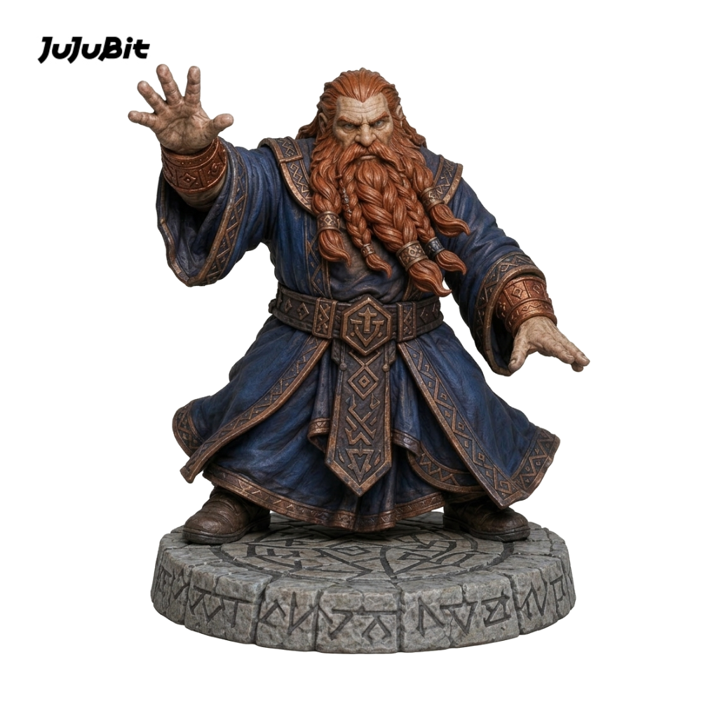 Dwarf sorcerer miniature in blue robes with a red beard, front view