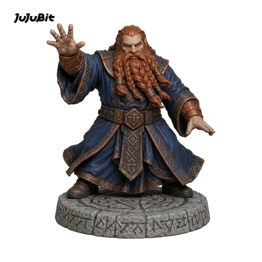 Dwarf sorcerer miniature in blue robes with a red beard, front view