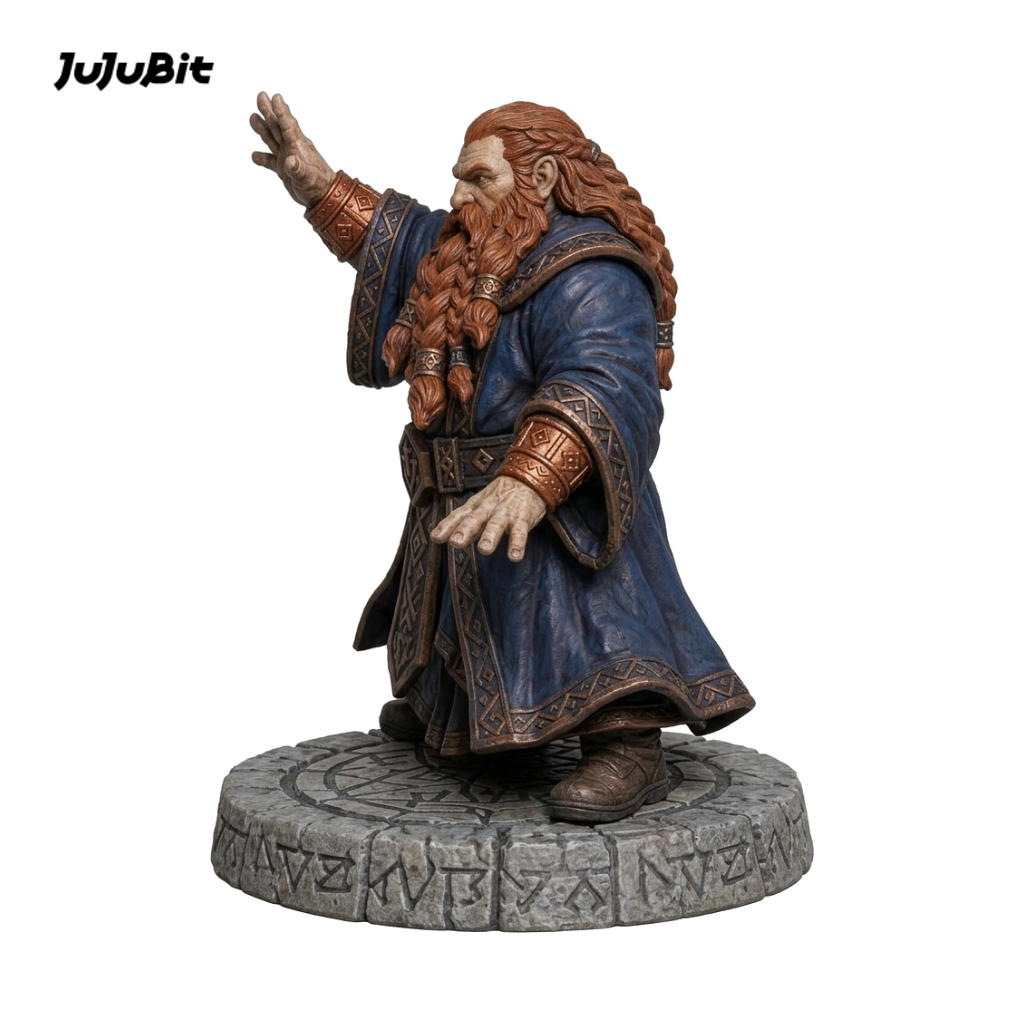 Side view of the dwarf sorcerer miniature with a red beard