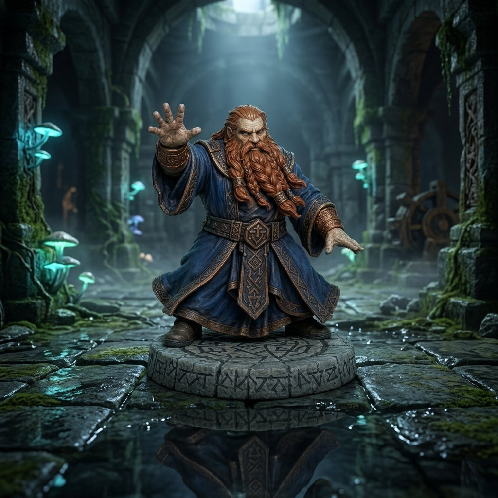 Dwarf sorcerer miniature with a red beard in a dark ruin