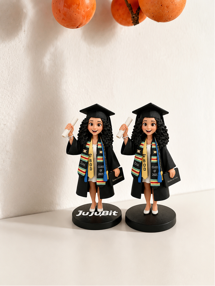 Custom graduation figurines holding diplomas in cap and gown - JuJuBit
