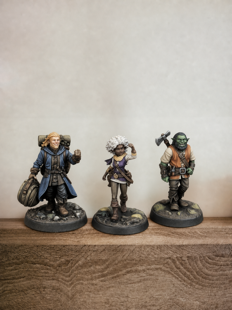 Three tabletop RPG figurines: a traveler, a curly-haired girl, and a goblin - JuJuBit