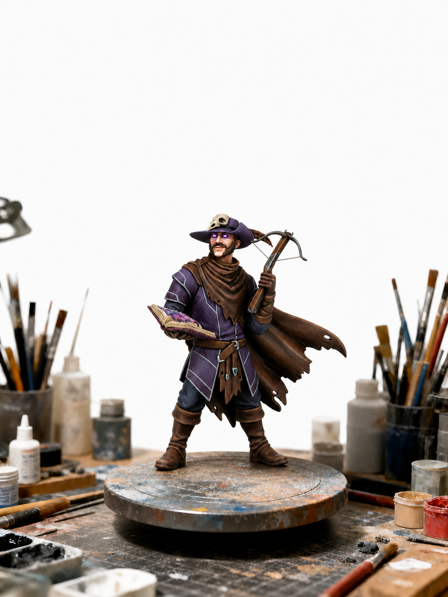 Custom warlock figurine with a skull-adorned hat holding a crossbow and spellbook - JuJuBit