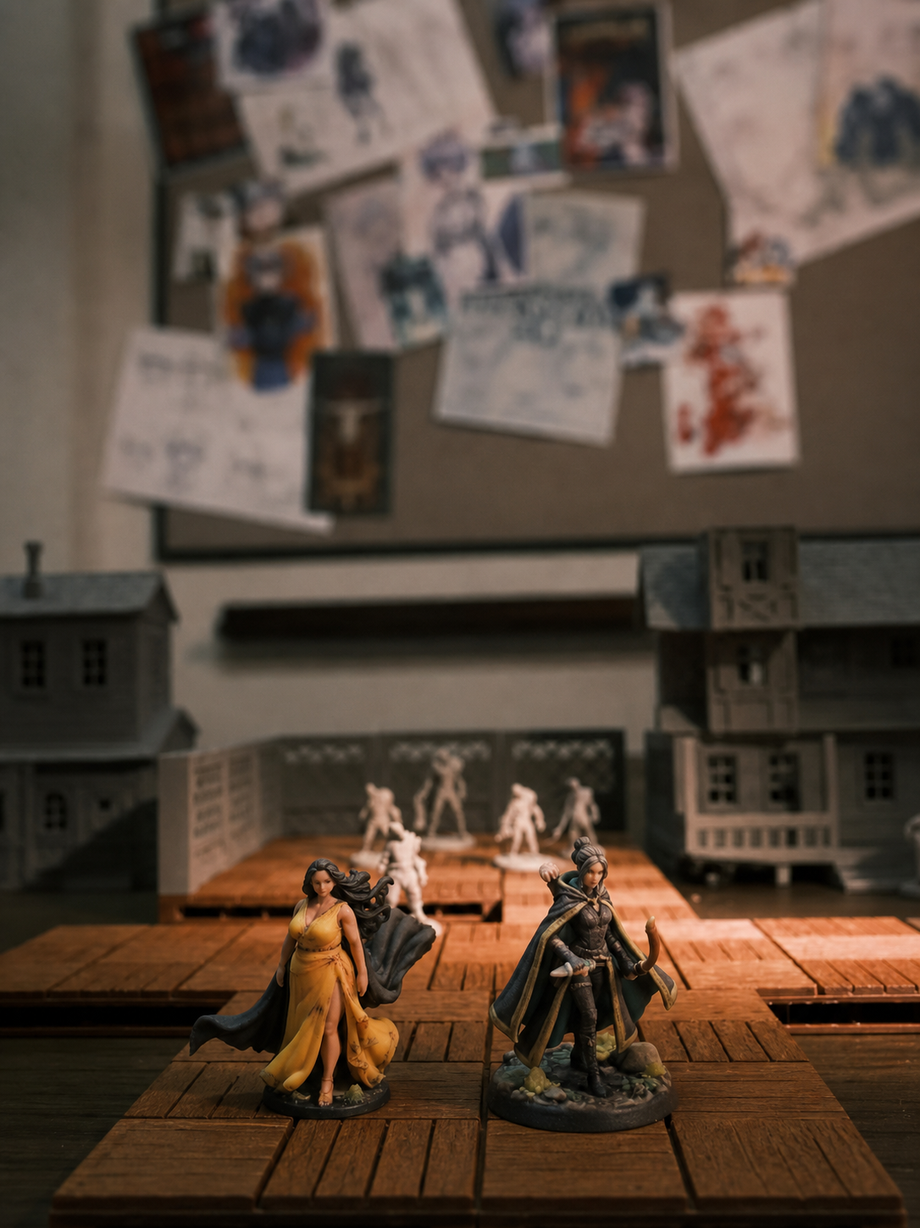 Tabletop diorama scene with a woman in a yellow gown and a hooded ranger figurine among miniature buildings - JuJuBit