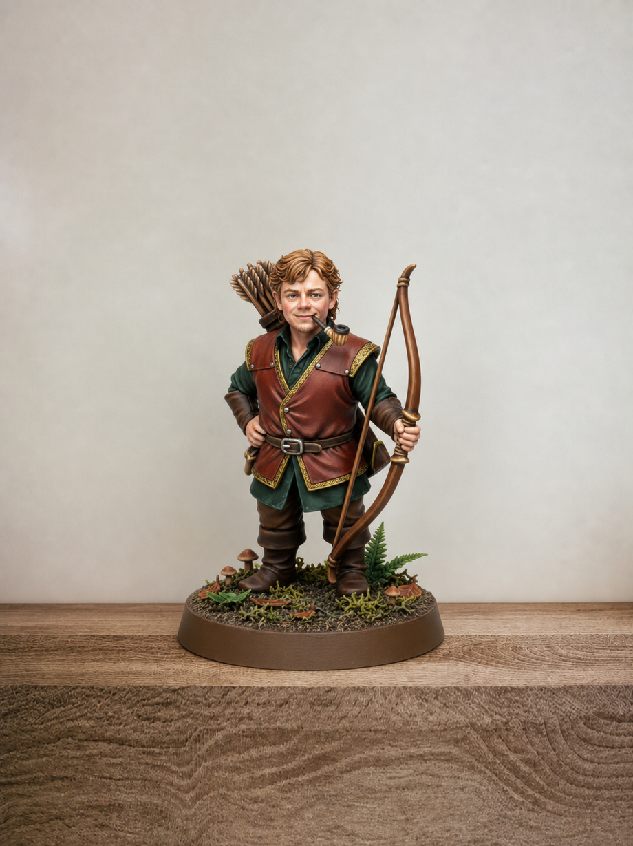 Custom hobbit archer figurine with a bow and pipe on a mossy base - JuJuBit