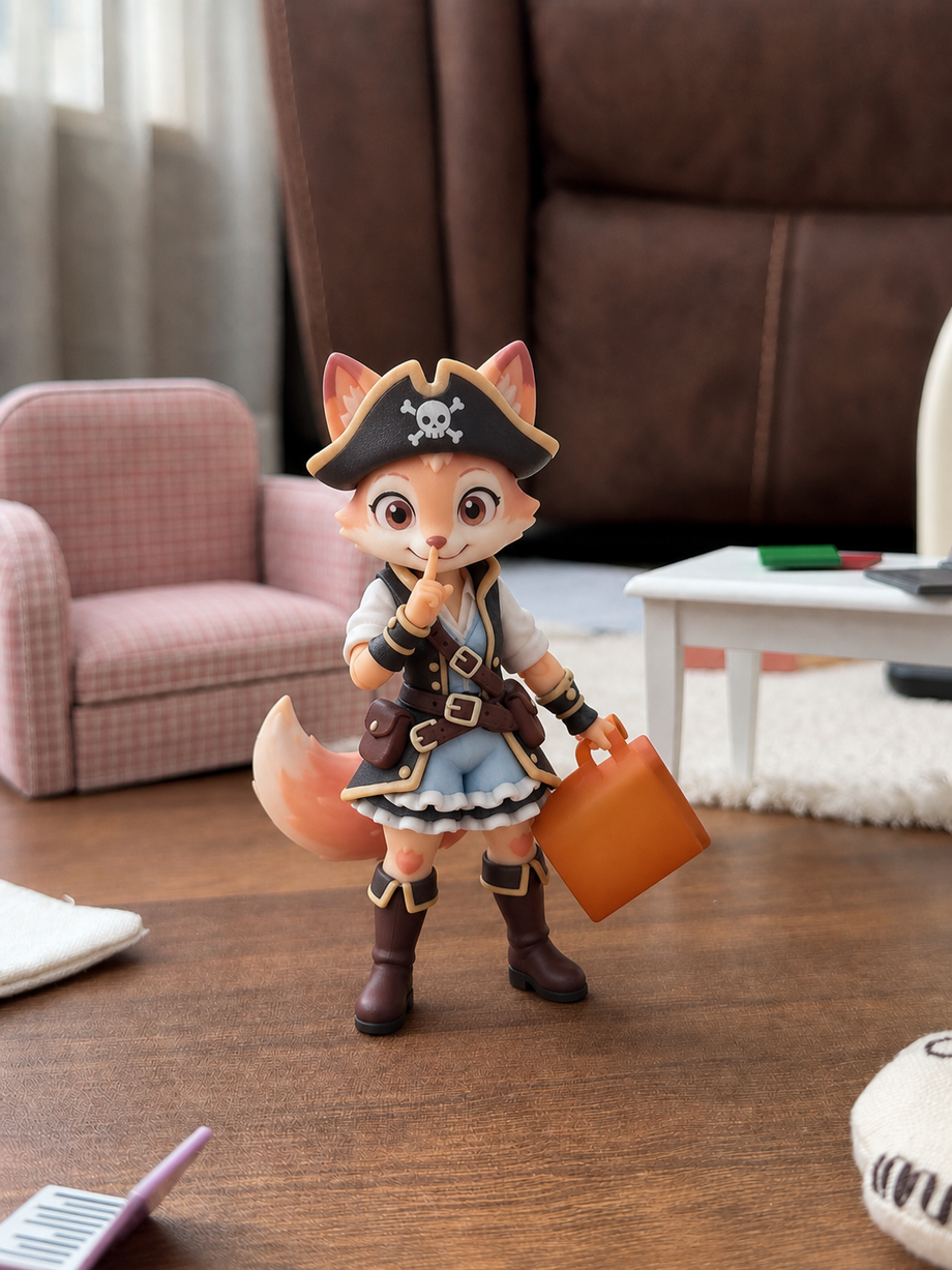 Custom fox pirate art toy holding an orange bag in a dollhouse living room - JuJuBit